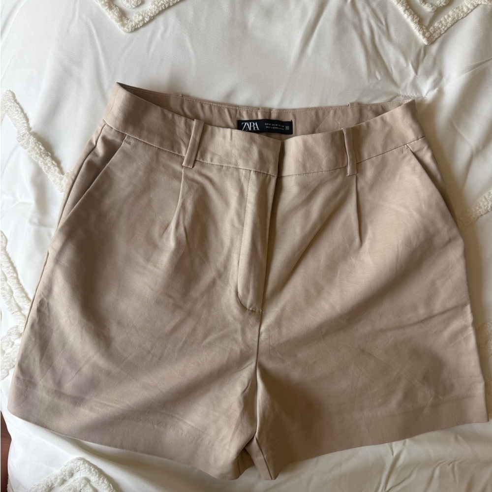 Zara Neutral Beige High-Waist Tailored Shorts